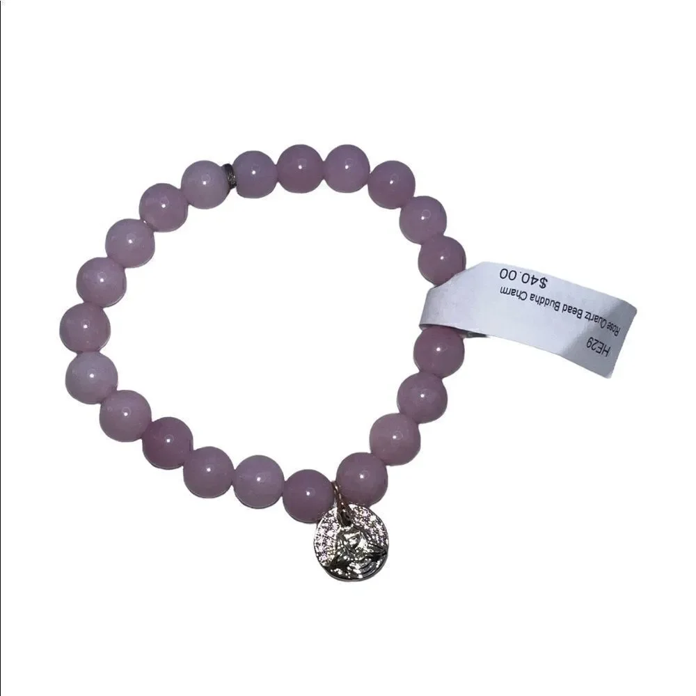 Kesi Jewels Macy's HE29 Rose Quartz Gold-Tone Buddha Charm Bead Bracelet NWT